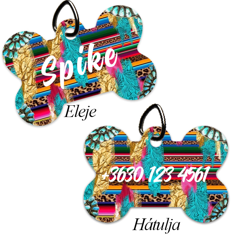 Egyedi csont alakú kutyabiléta toll mintával