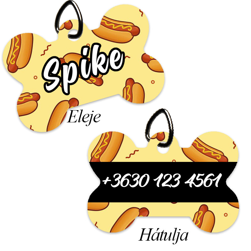 Egyedi csont alakú kutyabiléta hot dog mintával