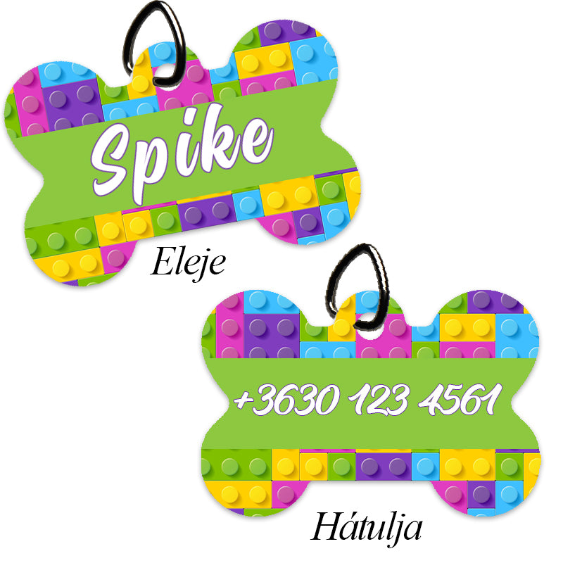 Egyedi csont alakú kutyabiléta lego mintával