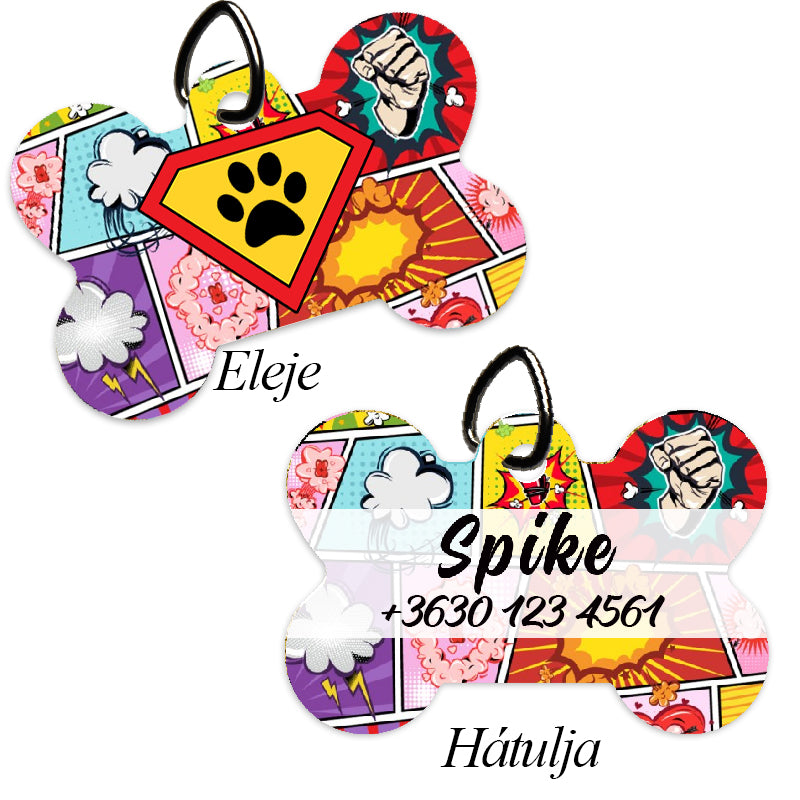 Egyedi csont alakú kutyabiléta superdog mintával