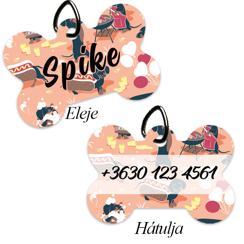 Egyedi csont alakú kutyabiléta tacskós mintával