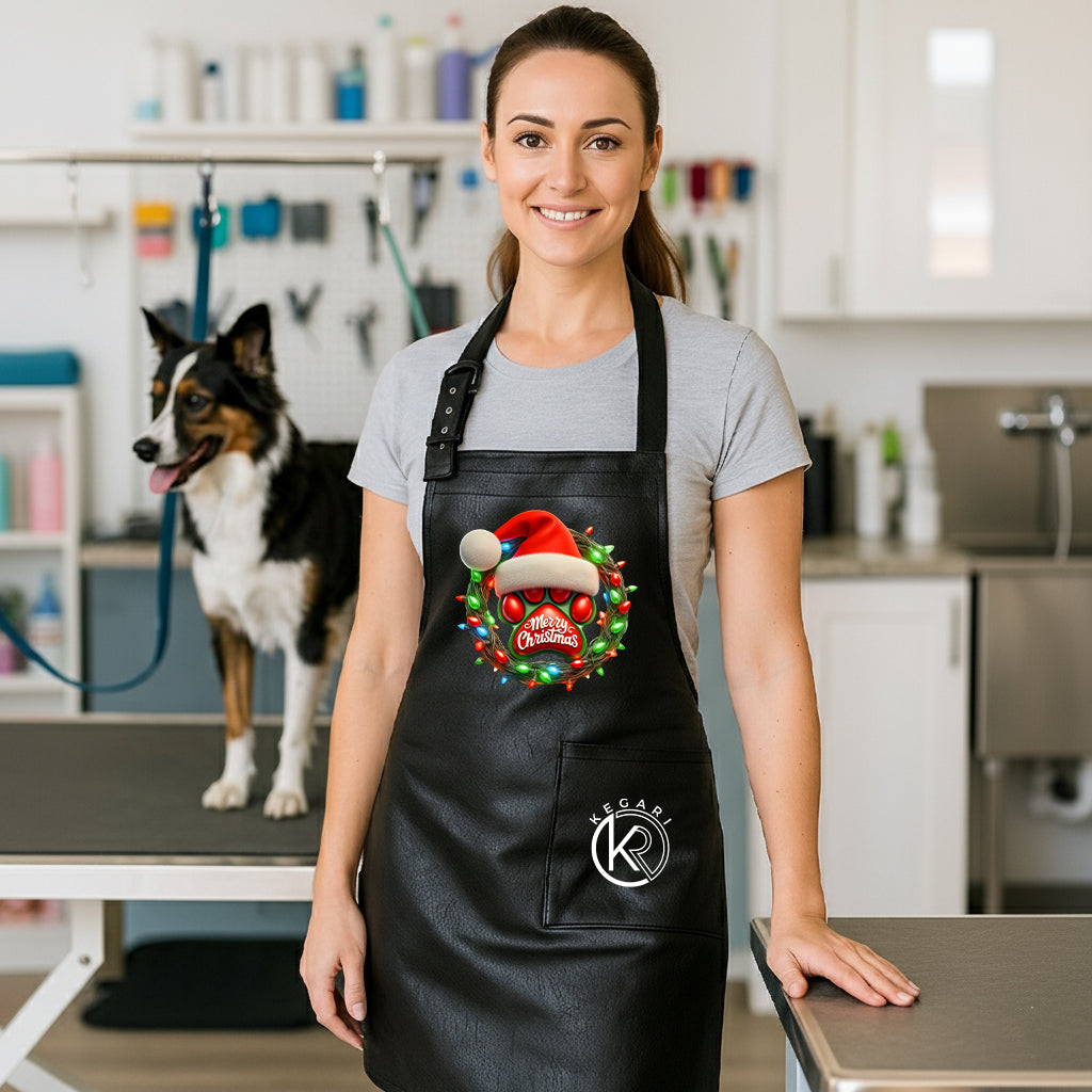 Kutyakozmetikus vízhatlan műbőr kötény karácsonyi mintával